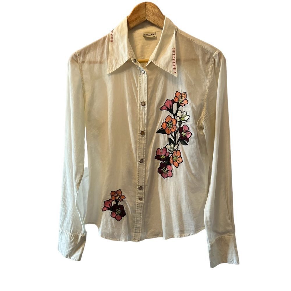 Cream Lightweight Semi Sheer Embroidered Snap Button Collared Shirt 42